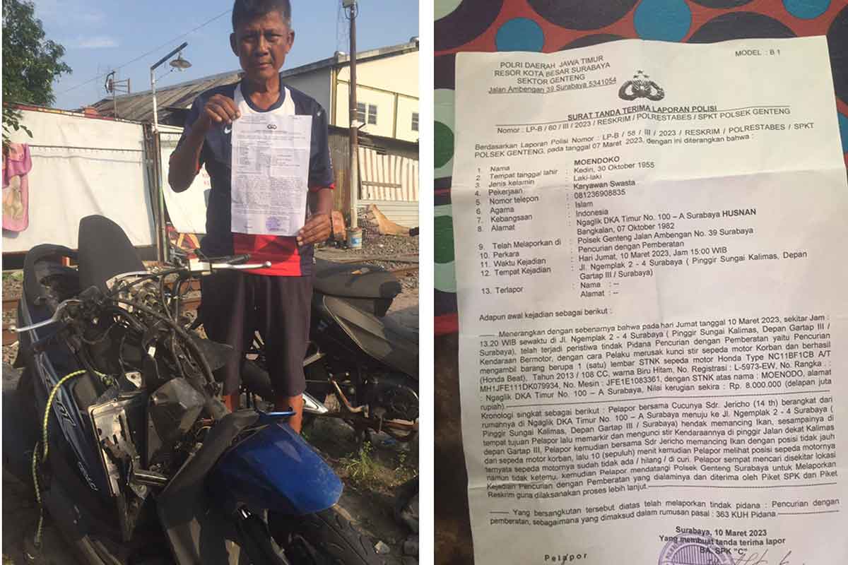 Pemilik motor, Moenodo saat motornya sudah ditemukan dalam keadaan hancur.