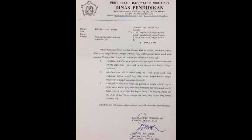 Inilah surat edaran Diknas Sidoarjo tentang antisipasi Valentine Day yang diposting Kepala Diknas Sidoarjo di media sosial. foto: facebook