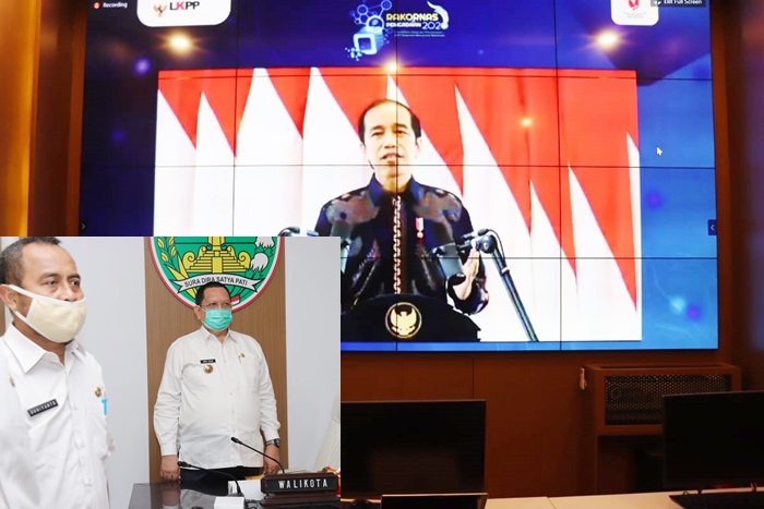 Presiden Jokowi saat memimpin rakornas secara virtual. inzet: Pjs Wali Kota Pasuruan mengikuti rakornas virtual.