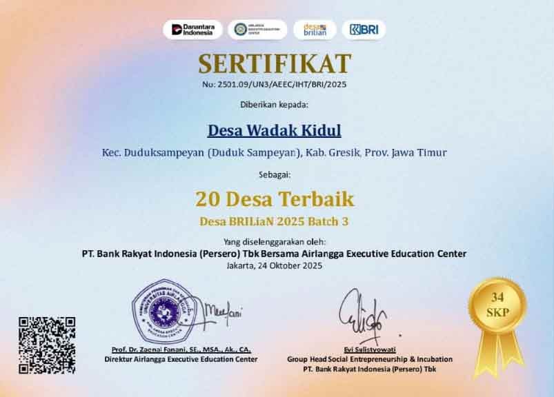 Sertifikat yang diperoleh Bumdes Wadak Kidul.