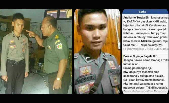 Bripda Andrianto dan statusnya di Facebook. foto: merdeka