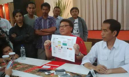 Capres PDIP Jokowi bersama pengurus DPP PDIP Cahyokumolo memberikan keterangan pers pada awak media.foto:arissugiarto/BANGSAONLINE