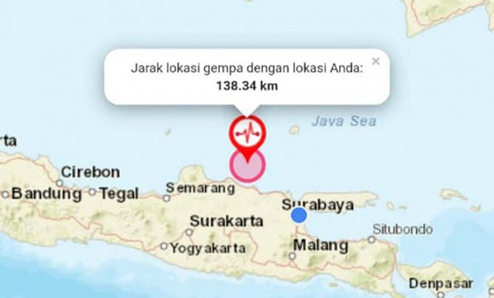 Titik lokasi gempa di 58 kilometer arah Barat Laut Tuban.