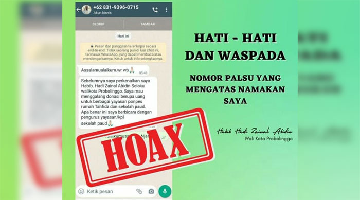 Tangkapan layar pesan berantai yang mengatasnamakan Wali Kota Probolinggo, Habib Hadi Zainal Abidin.