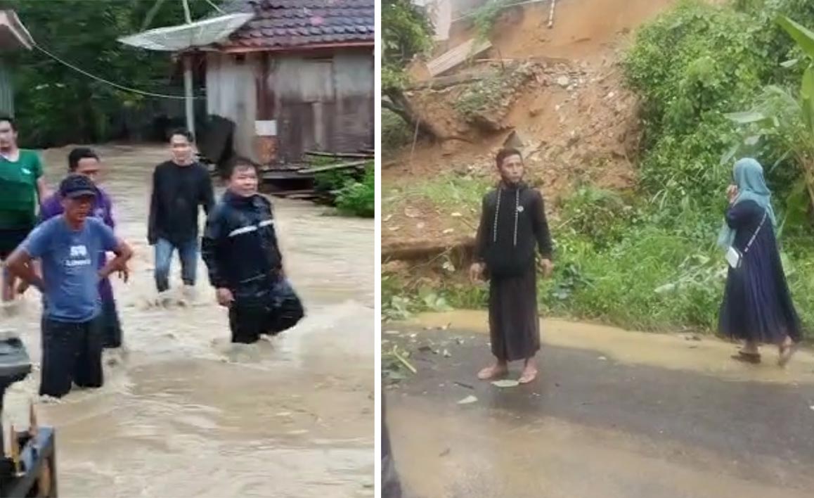 Banjir melanda salah satu kawasan di Pamekasan. Foto kanan, salah satu titik longsor.