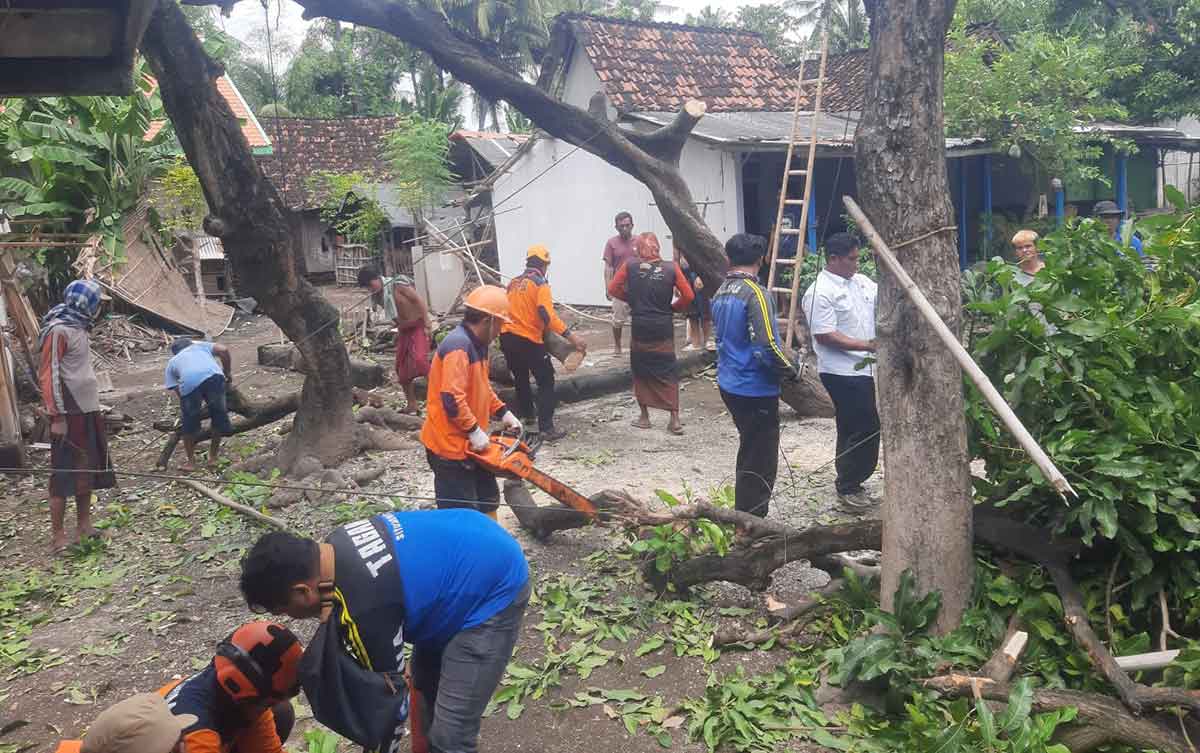Petugas gabungan saat evakuasi salah satu bangunan terdampak angin kencang di Situbondo.