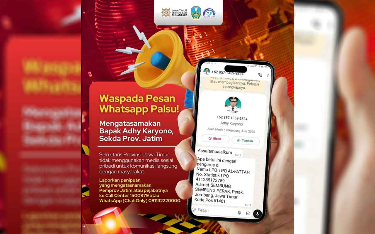 Postingan Instagram Bapenda yang menunjukkan sebuah chat Whatsapp mengatasnamakan Sekretaris Daerah Prov Jatim, Adhy Karyono. Foto: Instagram