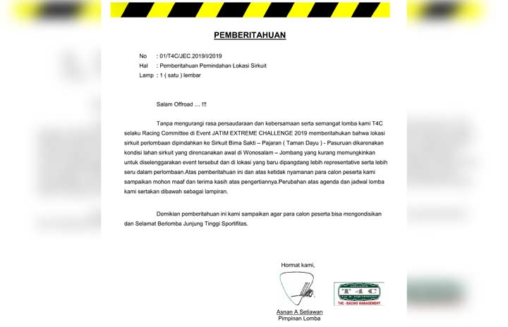 Surat pemberitahuan pemindahan lokasi perlombaan Jatim Extreme Challenge 2019.