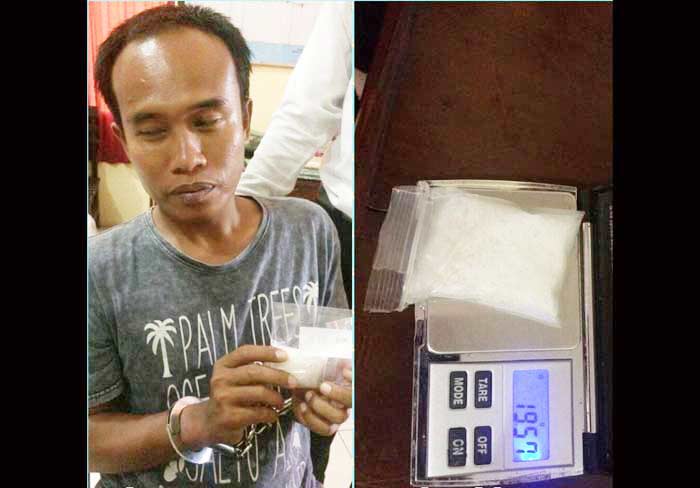 Tersangka JI dan sabu seberat 19,57 gram yang berhasil diamankan.