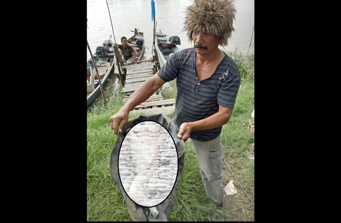 Sarwoko(42) sedang menunjukkan mayat bayi laki-laki temuannya.