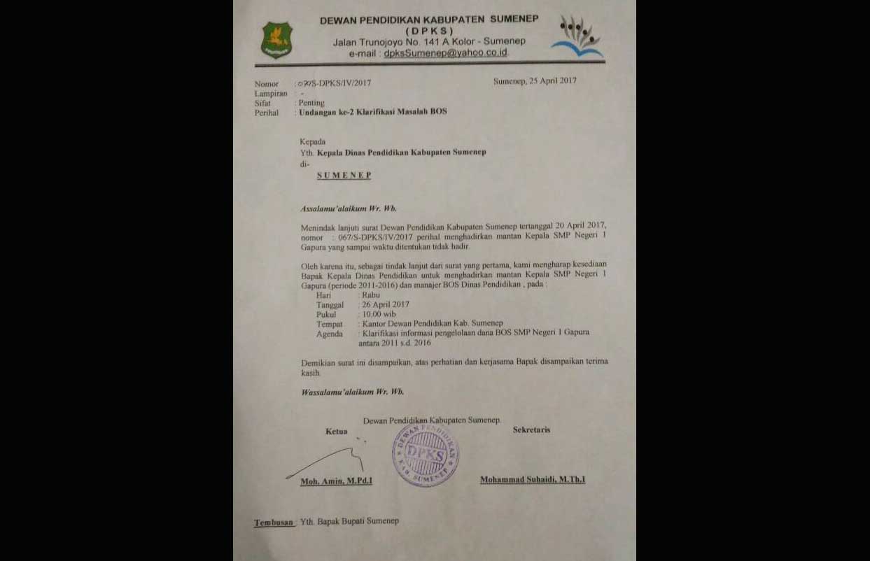 Surat pemanggilan terhadap mantan kepala sekolah SMPN 1 Gapura.