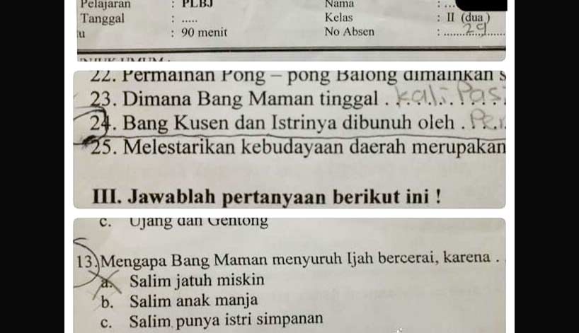Materi soal ujian SD kelas 2 yang membuat resah wali murid.