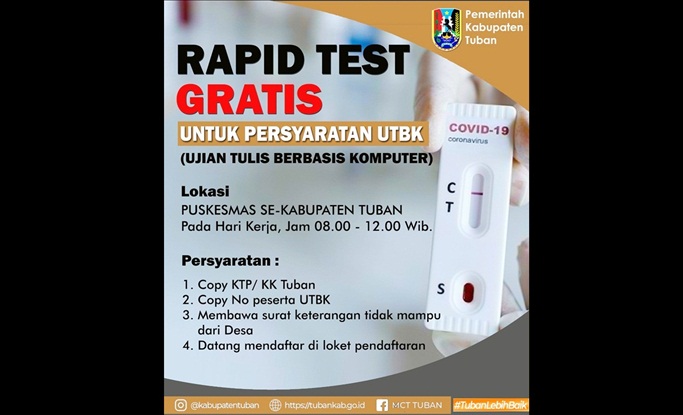 Pemkab Tuban Benarkan Info Rapid Test Gratis untuk UTBK, Begini Syaratnya