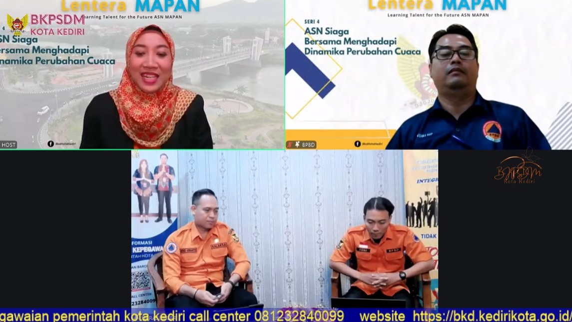 Joko Arianto, Kepala Pelaksana BPBD Kota Kediri (kiri bawah) di acara Webinar Lentera Mapan. (Ist).