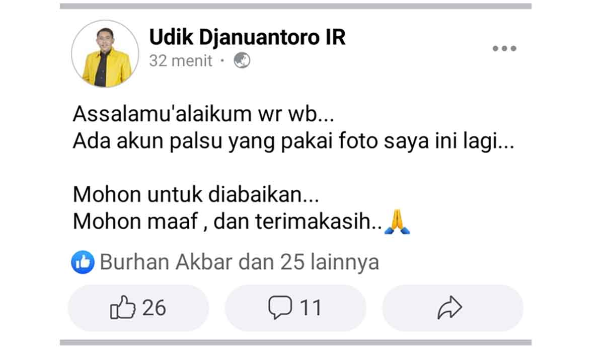 Waspada! Akun Resmi Mantan Wakil Ketua DPRD Pasuruan Dikloning