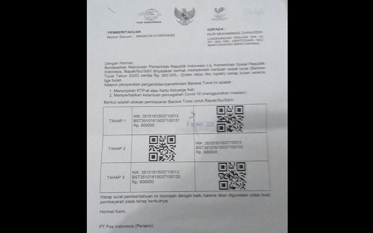 Contoh kartu penerima BST.