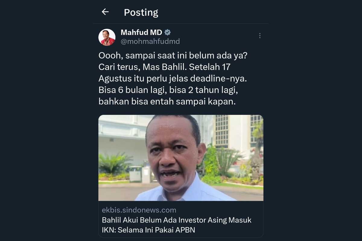 Cuitan Mahfud MD menanggapi investor asing melalui akun X, Rabu (12/6/2024). 