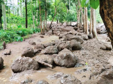 Kondisi jalan desa yang rusak karena bebatuan yang terbawa banjir (foto: Supardi)