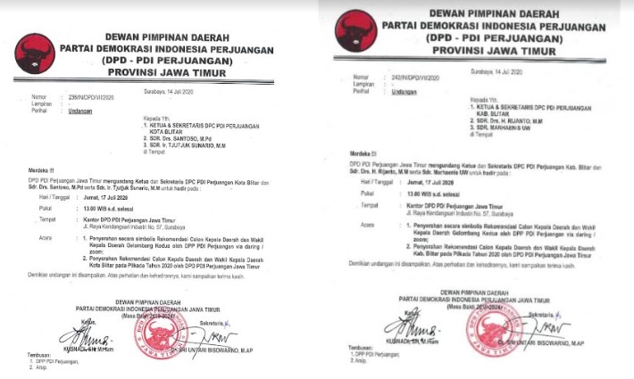 Rekom PDIP untuk Pilkada Blitar Raya, Dua Paslon Incumbent Diundang ke Surabaya