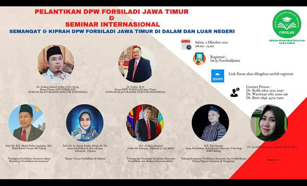 Webinar Internasional digelar oleh Forum Silaturahmi Doktor Indonesia (Forsiladi) Jatim, usai pengukuhan pengurus. foto: tangkapan layar.