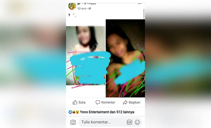 Tangkapan layar postingan akun FB berinisial NF yang menyebarkan foto bugil korbannya.