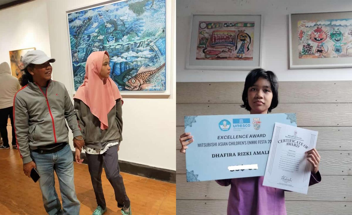 Dhafira Rizki Amalia (foto kanan) menunjukkan piagam penghargaan yang diraihnya.