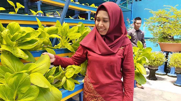 Wali Kota Mojokerto Ika Puspitasari sedang melihat hasil tanaman hortikultura.
