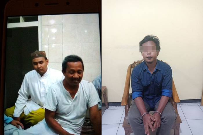 Foto Kiri: Korban seorang ustadz saat ditemani kerabatnya (tanpa peci). Foto Kanan: Pelaku pembacokan dengan kampak.