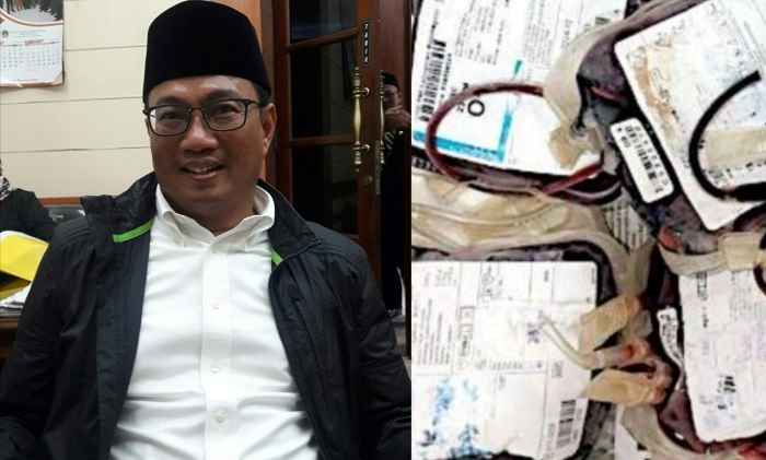 Achmad Nadhir, Ketua PMI Gresik. Foto kanan, darah yang dipakai dukun untuk ritual penggandaan uang. Foto: SYUHUD/ BANGSAONLINE.com
