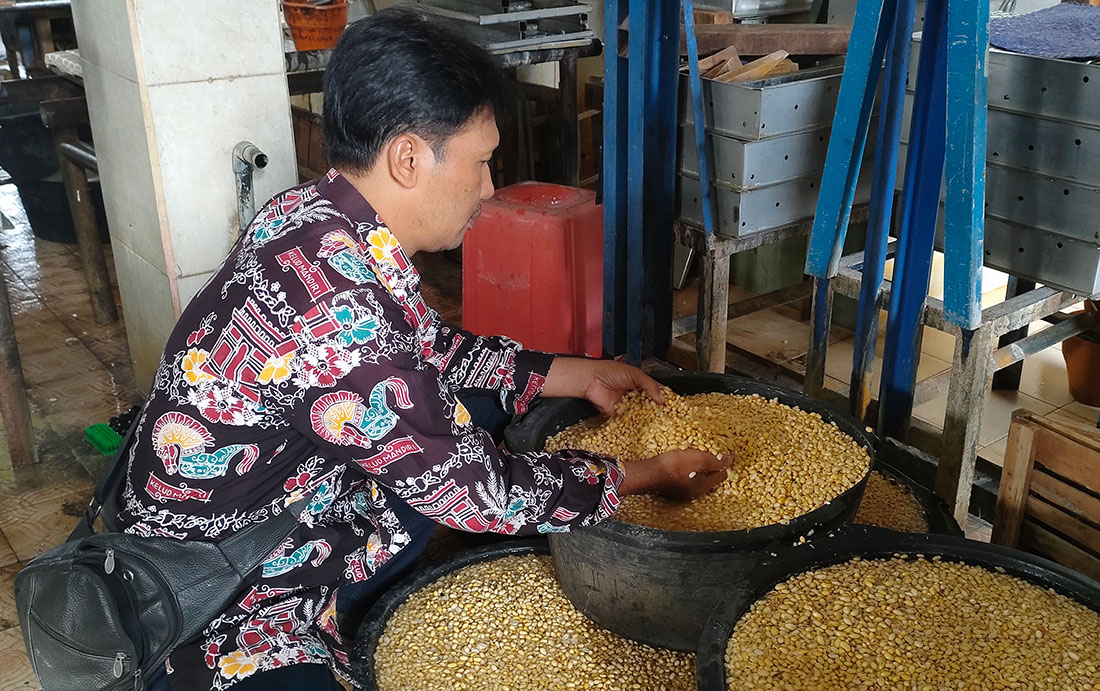 Gatot Siswanto saat mengecek kedelai yang akan dimasak menjadi tahu. foto: MUJI HARJITA/ BANGSAONLINE