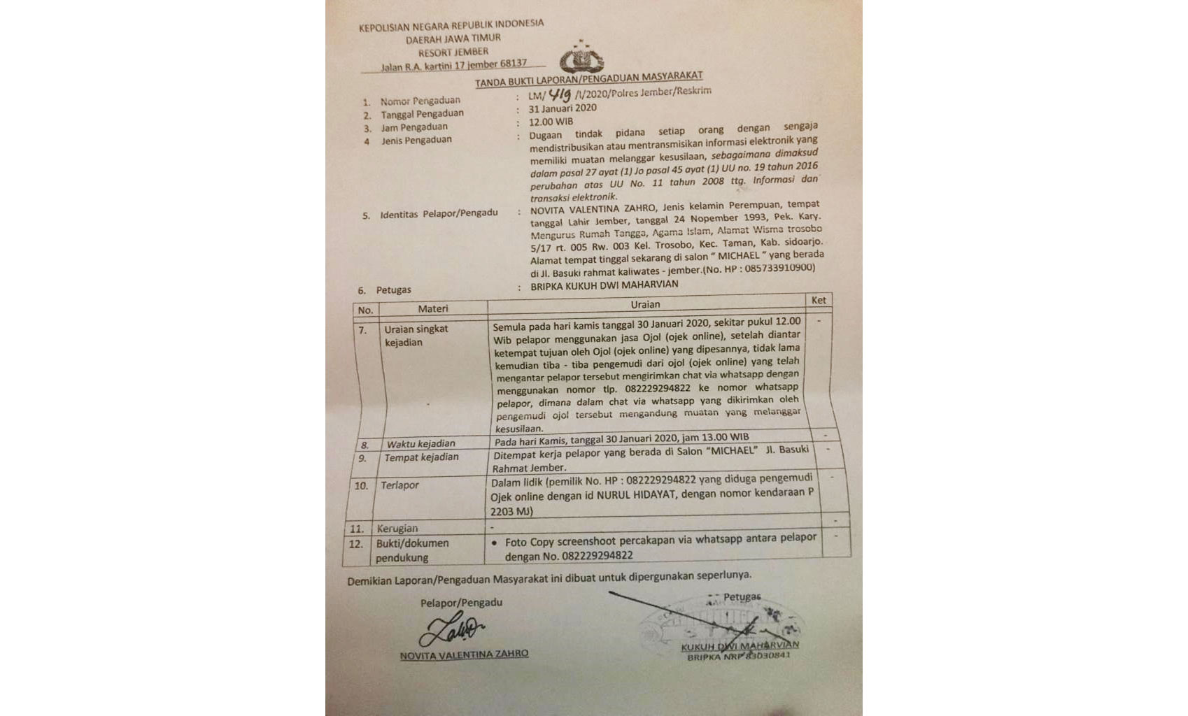 Bukti laporan korban dugaan kasus pelecehan seksual ke Polres Jember.