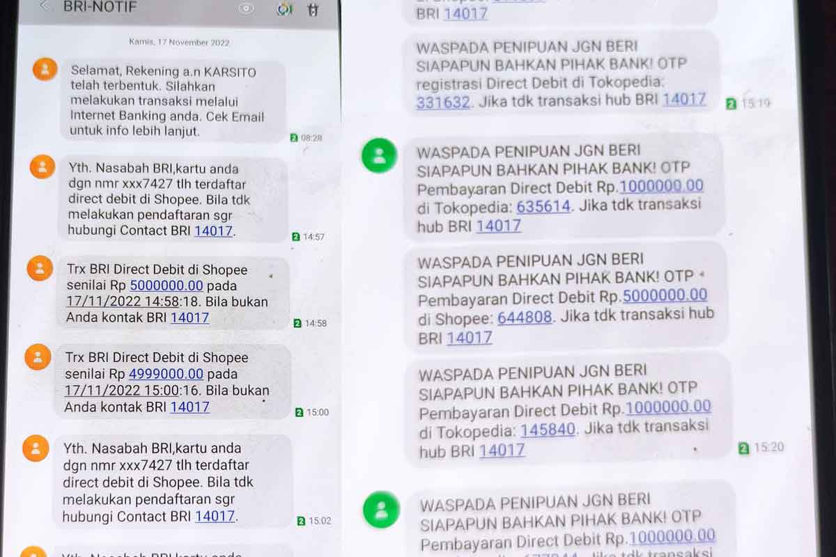 Bukti SMS yang masuk melalui Bank BRI