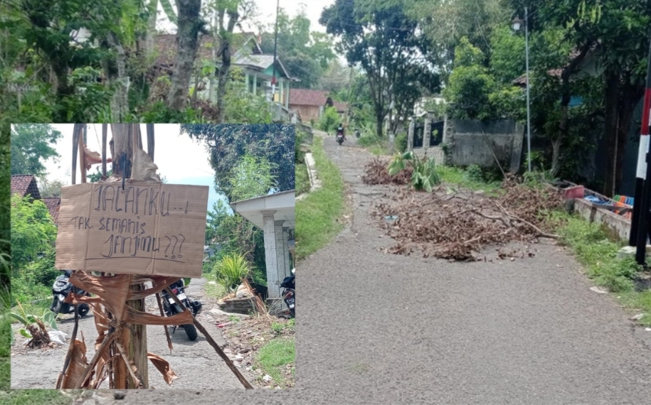 Kondisi jalan rusak yang ditutup warga
