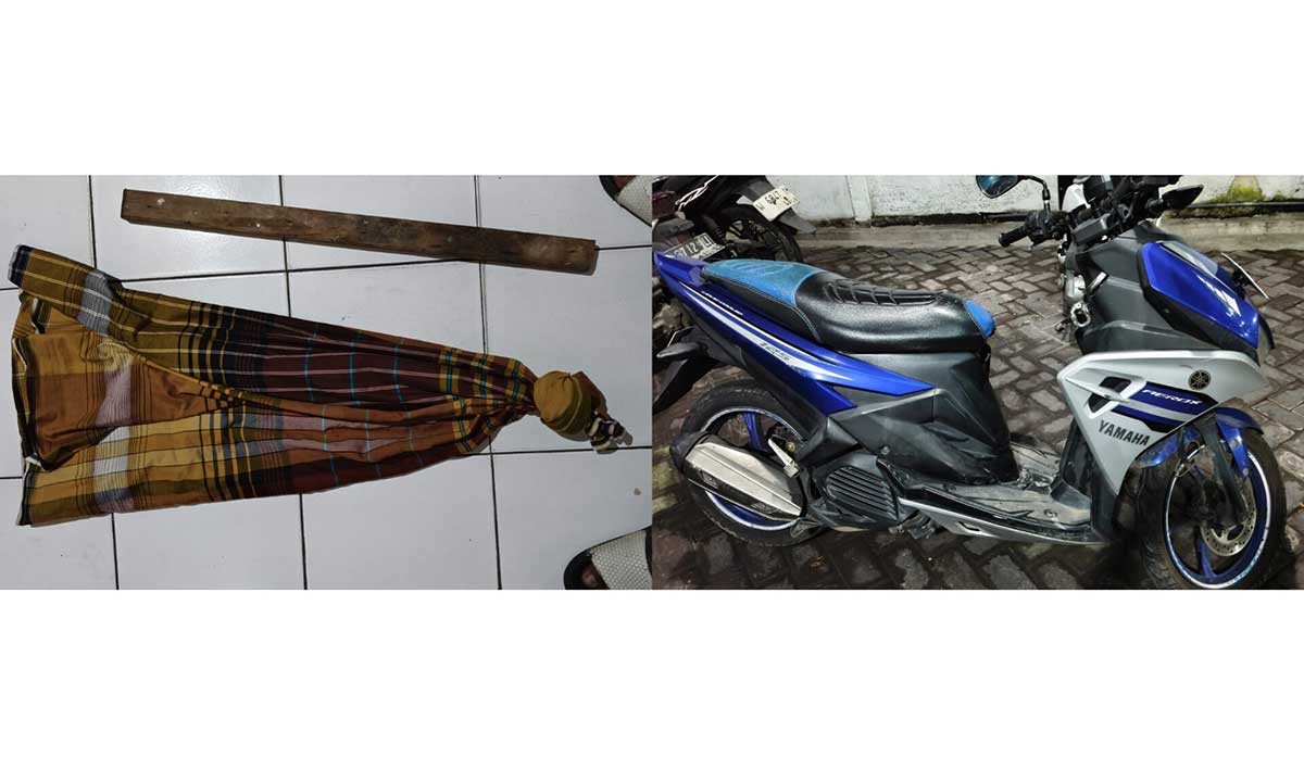 Sepeda motor beserta sarung pelaku dan kayu untuk perang sarung yang diamankan petugas dari Polsek Cerme. Foto: Ist