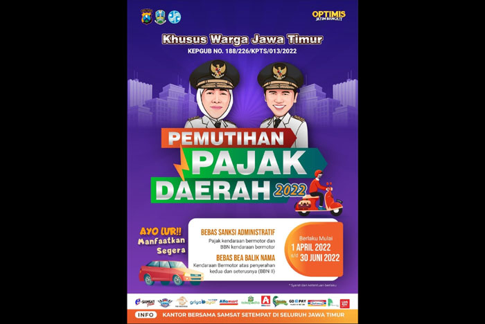 Pemutihan pajak kendaraan bermotor berlaku mulai 1 April hingga 30 Juni 2022 mendatang dan berlaku untuk seluruh wajib pajak kendaraan di Jawa Timur.
