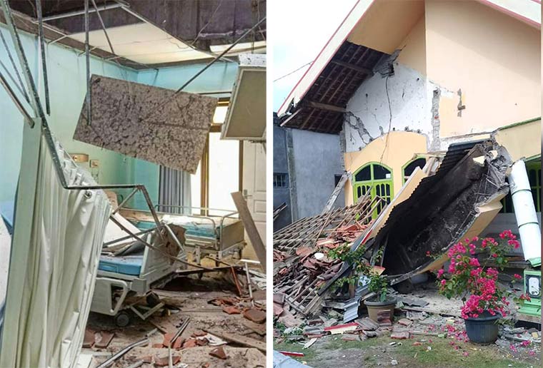 Salah satu ruangan di RSUD Mardi Waluyo yang terdampak gempa. Foto kanan, kerusakan akibat gempa di Kecamatan Kesamben. 