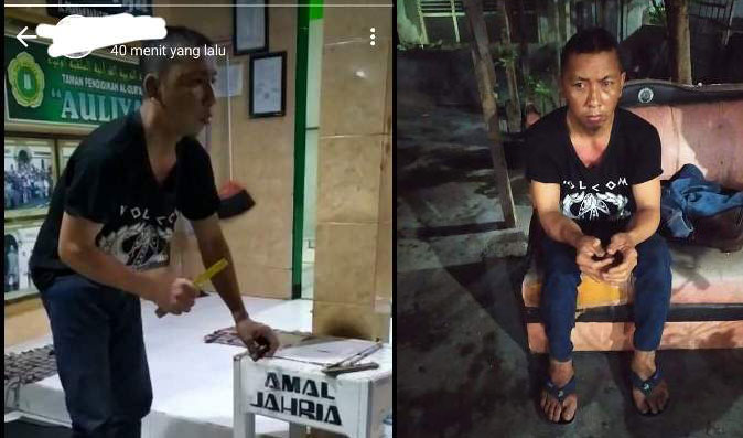 Edi, warga Nganjuk Jawa Timur, saat tertangkap mencuri kotal amal di mushola di Jalan Praban Barat, Sidoakare Sidoarjo. foto: catur andy/ bangsaonline.com