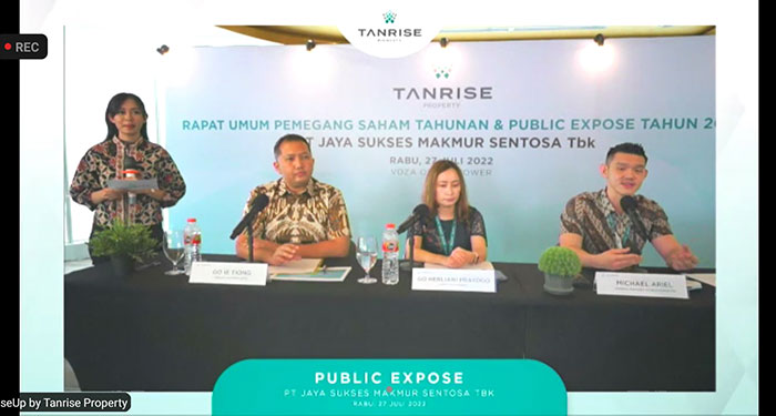 Tangkapan layar konferensi pers secara virtual yang digelar Tanrise Property melalui PT Jaya Sukses Makmur Sentosa Tbk.