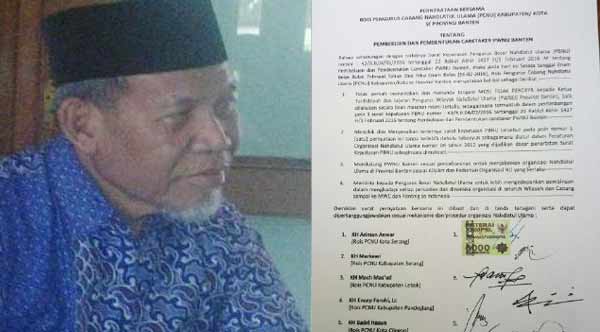 KH Makmun Mazhar, dan surat pernyataan 7 Rais Syuriah PCNU se-wilayah Provinsi Banten yang mengaku tak pernah tandatangan mosi tak percaya. foto: istimewa
