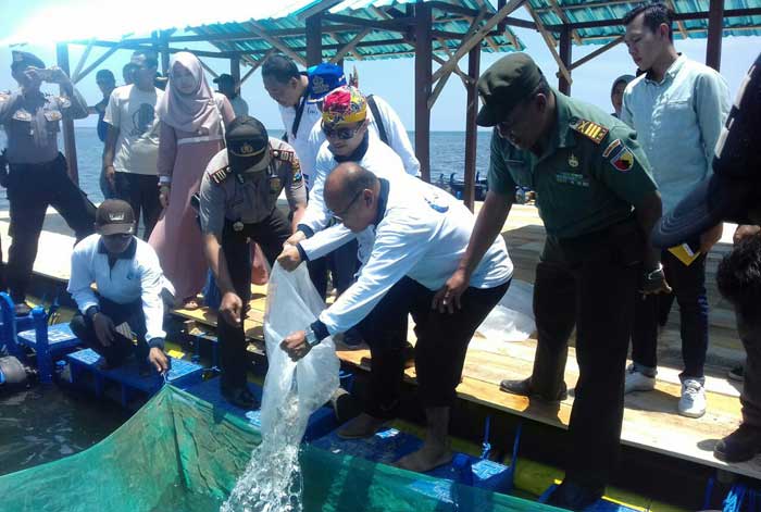 Kepala Desa Gelung, Djasmoto saat melepas ribuan benih ikan kakap putih di Keramba Apung BUMDes Jaya Abadi. foto: MURSIDI/ BANGSAONLINE