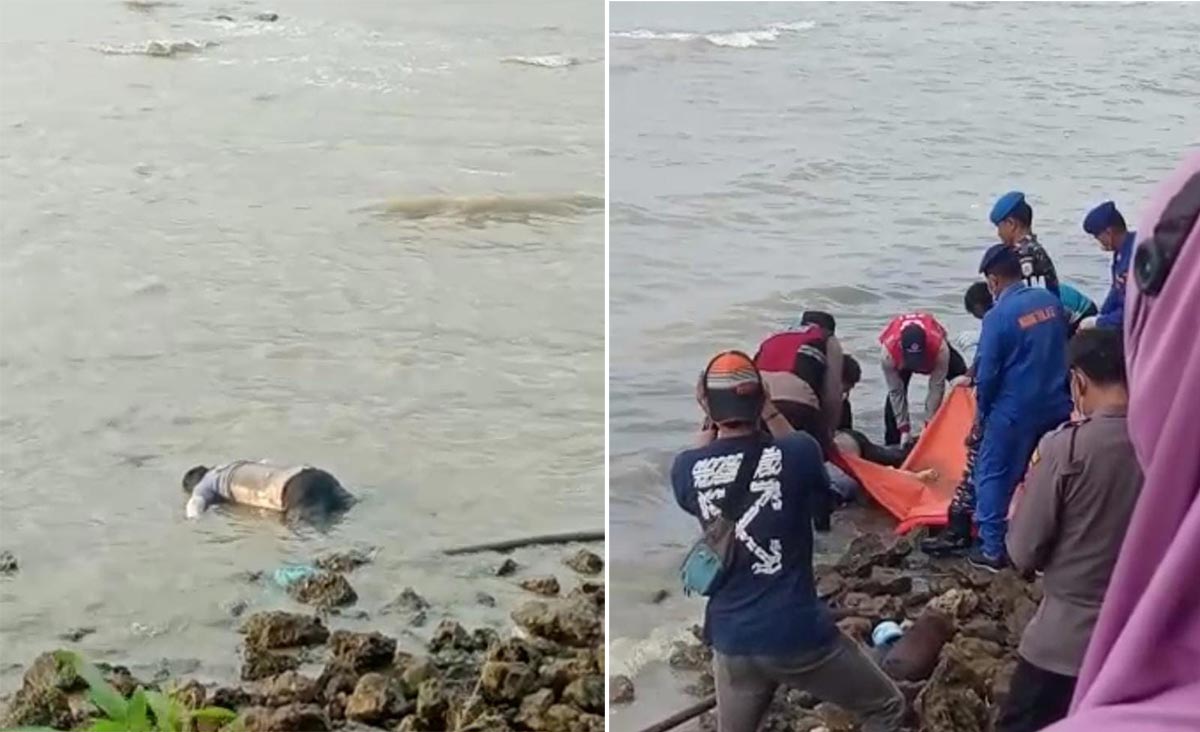 Petugas mengevakuasi mayat laki-laki yang ditemukan mengapung di Kecamatan Kamal, Bangkalan.