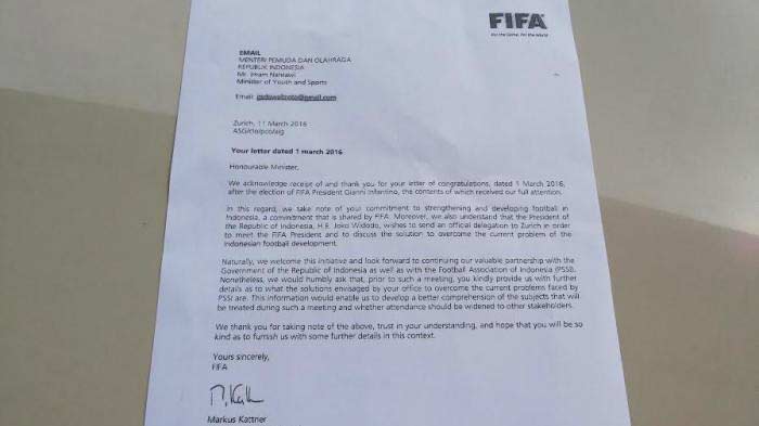 Inilah surat balasan FIFA kepada Menpora yang intinya menerima dengan hormat utusan Menpora untuk menemui Presiden FIFA Gianni Infantino.