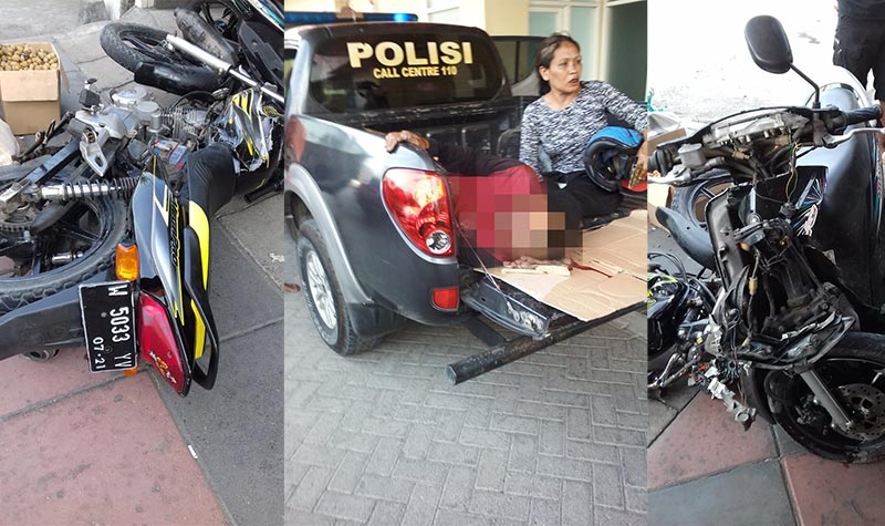 Kondisi kedua motor usai kecelakaan dan korban Saekan Urip saat hendak dievakuasi.