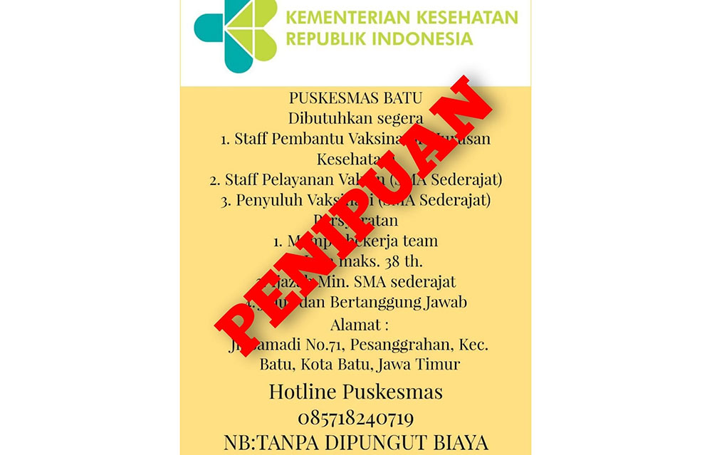 Tangkapan layar lowongan vaksinator Puskesmas Batu yang beredar di media sosial.