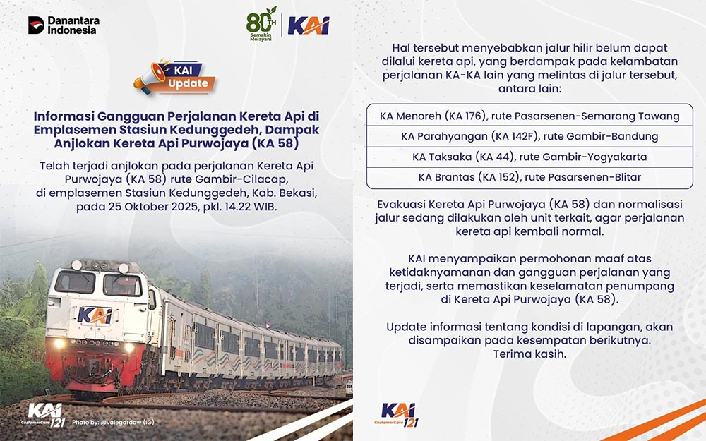 Pamflet informasi perjalan kereta yang terganggu akibat anjloknya KA Purwojaya di Emplasemen Stasiun Kedunggedeh.