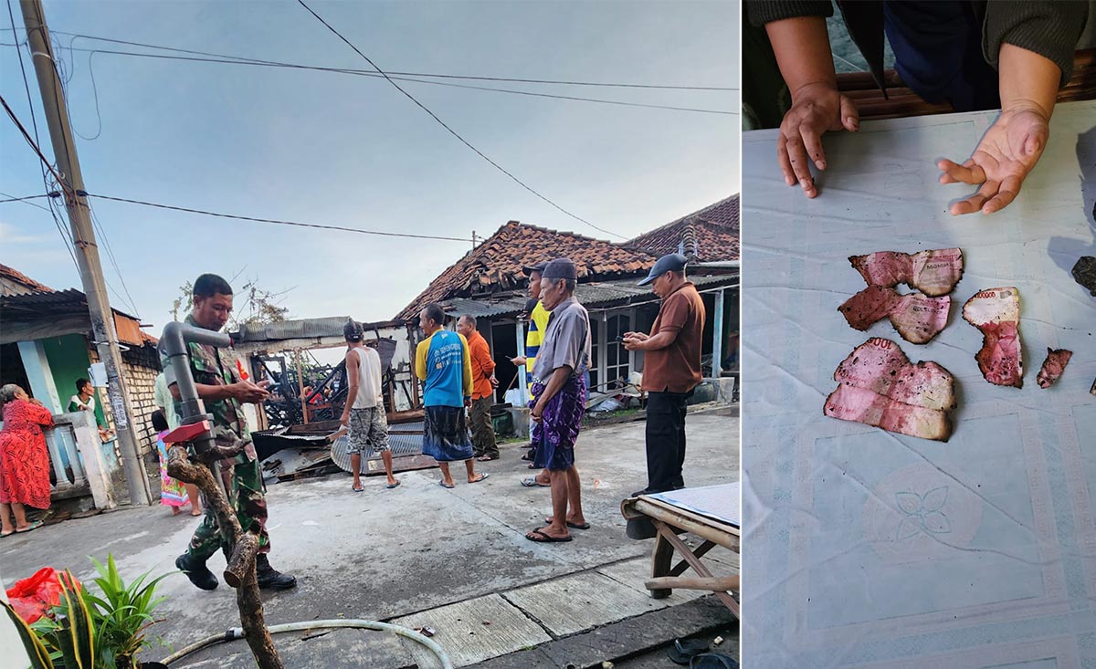 Kondisi rumah korban usai dilalap api. Foto kanan, sisa uang tabungan korban Rp70 juta yang disimpan di kaleng bekas. Foto: Ist.