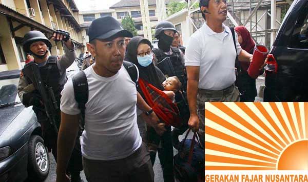 Polisi mengawal dr Rica (tengah) setibanya di Polda DI Yogjakarta, Senin (11/1). Inset: lambang Gafatar.