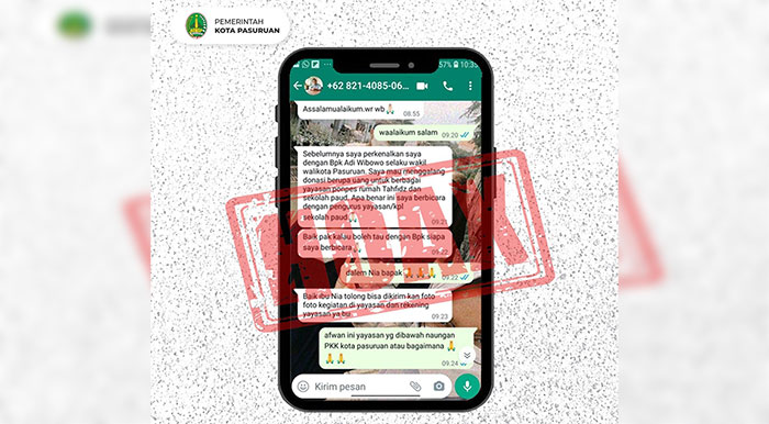Tangkapan layar pesan berantai yang mengatasnamakan Waki Wali Kota Pasuruan, Adi Wibowo.