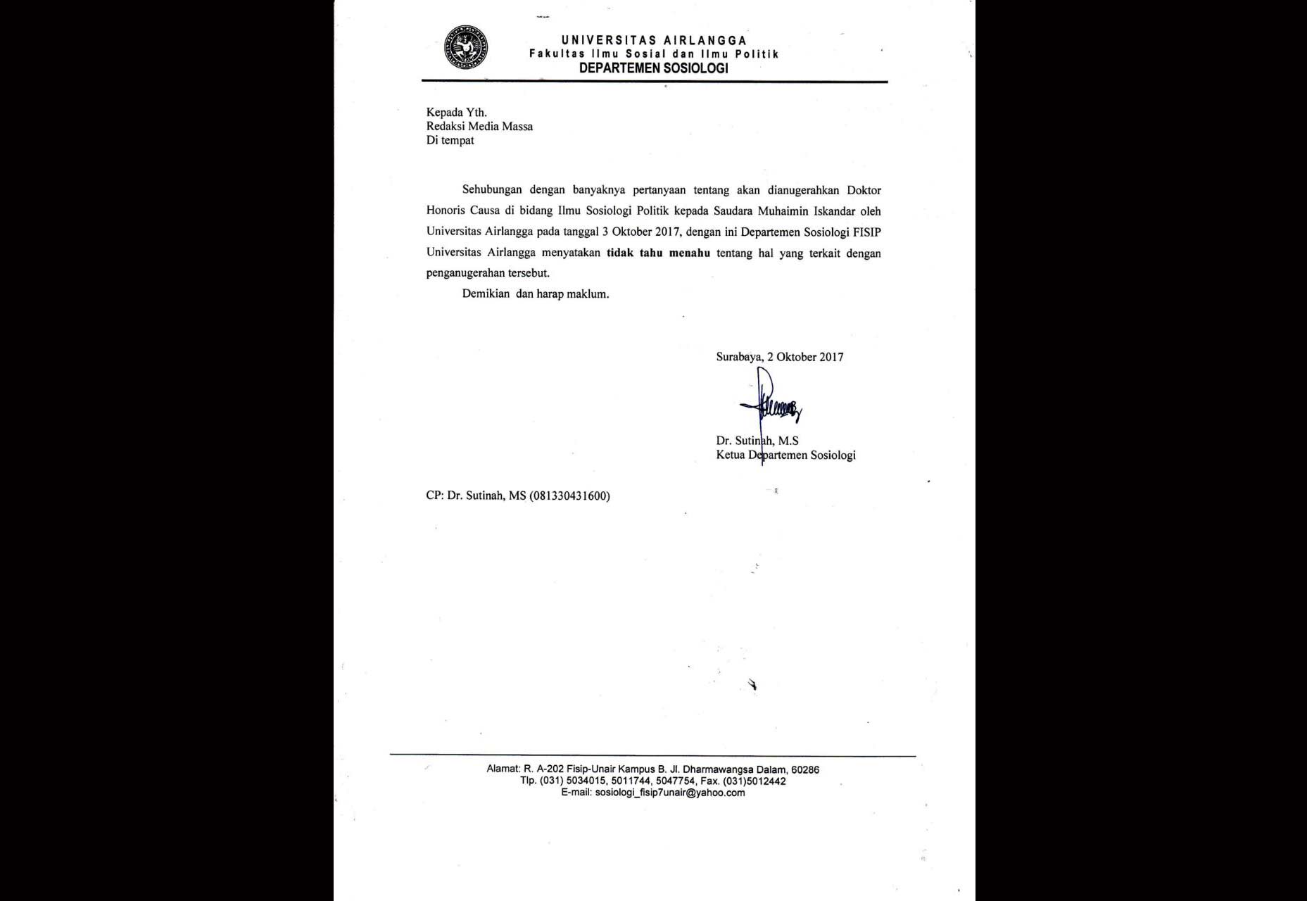 Inilah edaran resmi dari Ketua Departemen Sosiologi Unair.