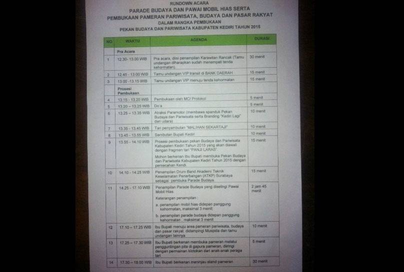 Rundown acara parade budaya dan pawai mobil hias Kabupaten Kediri 2015. (foto: arif kurniawan/BANGSAONLINE